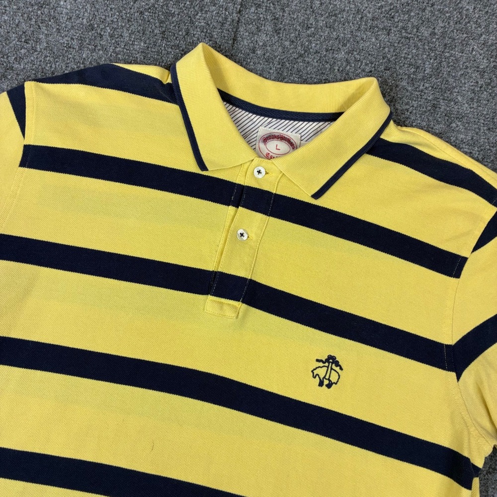 Brooks Brothers Mens Yellow Navy Blue‎ Striped Pique Polo Shirt Large Logo